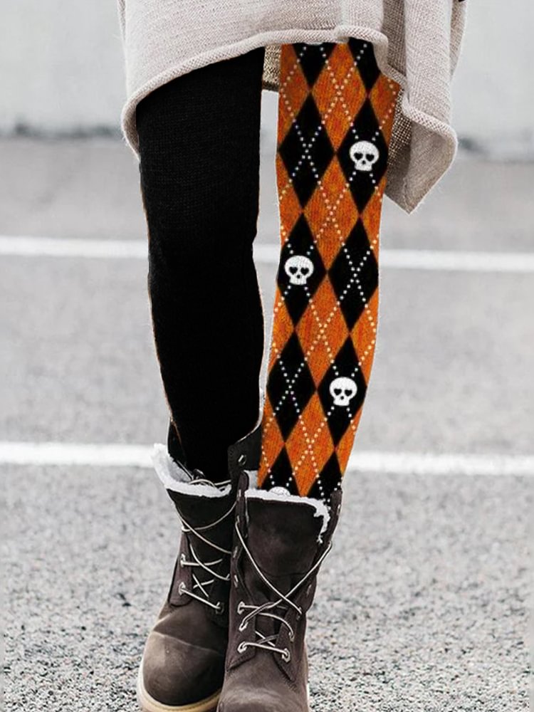 Vefave Lovely Skull Diamond Pattern Contrast Leggings