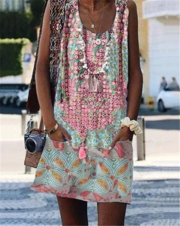 fashion summer u neck printed loose dress p97655