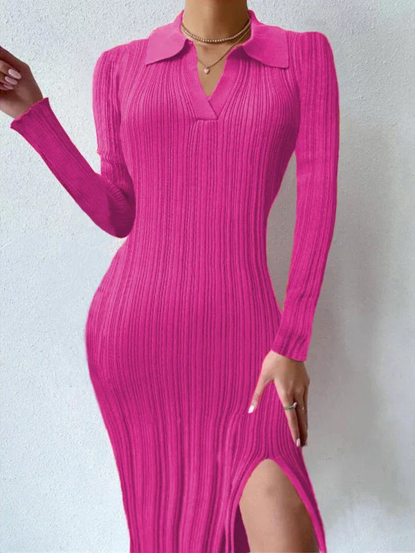 Women Long Sleeve V-neck Solid Color Midi Dress Knit Sweater