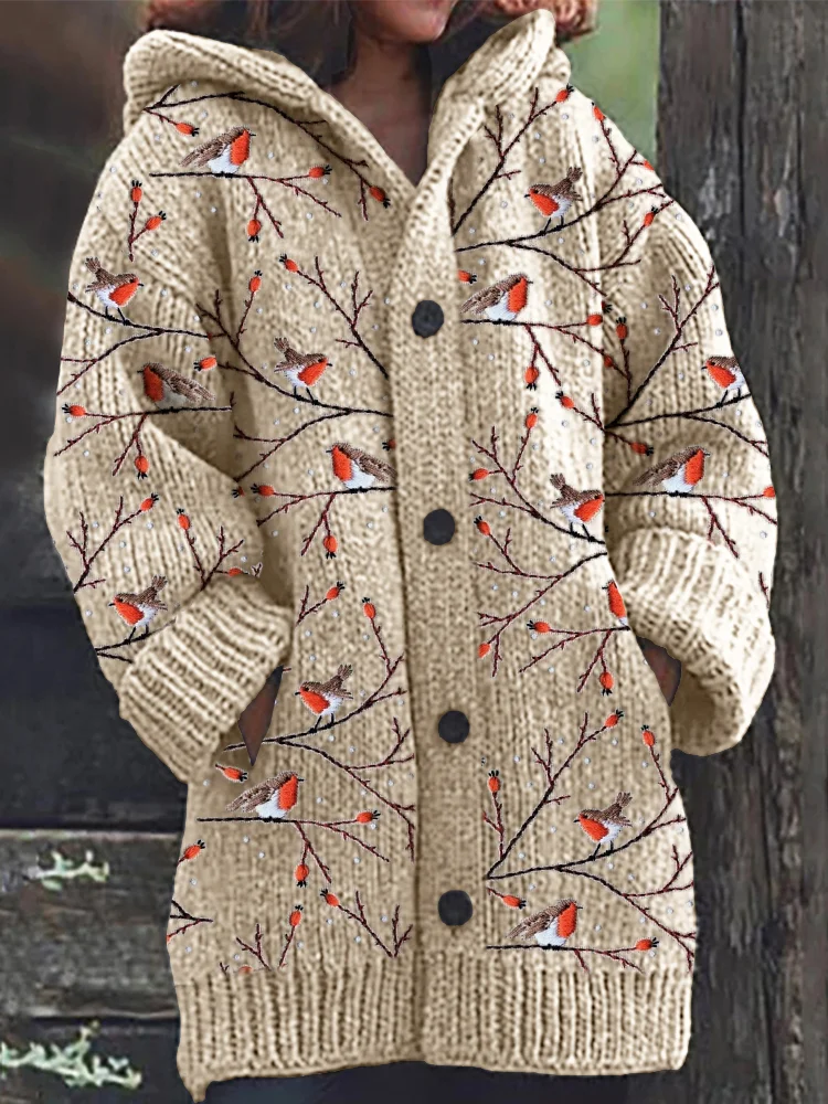 Birds on Branch Embroidery Pattern Cozy Hooded Cardigan