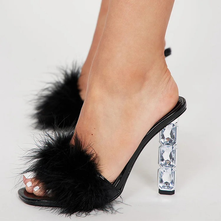 Black Square Toe Faux Fur Mules Sandals with Crystal Decorative Heel |FSJ Shoes