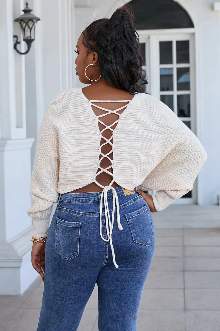 Lace Up Dolman Sleeve Sweater Back Open Knit Tops