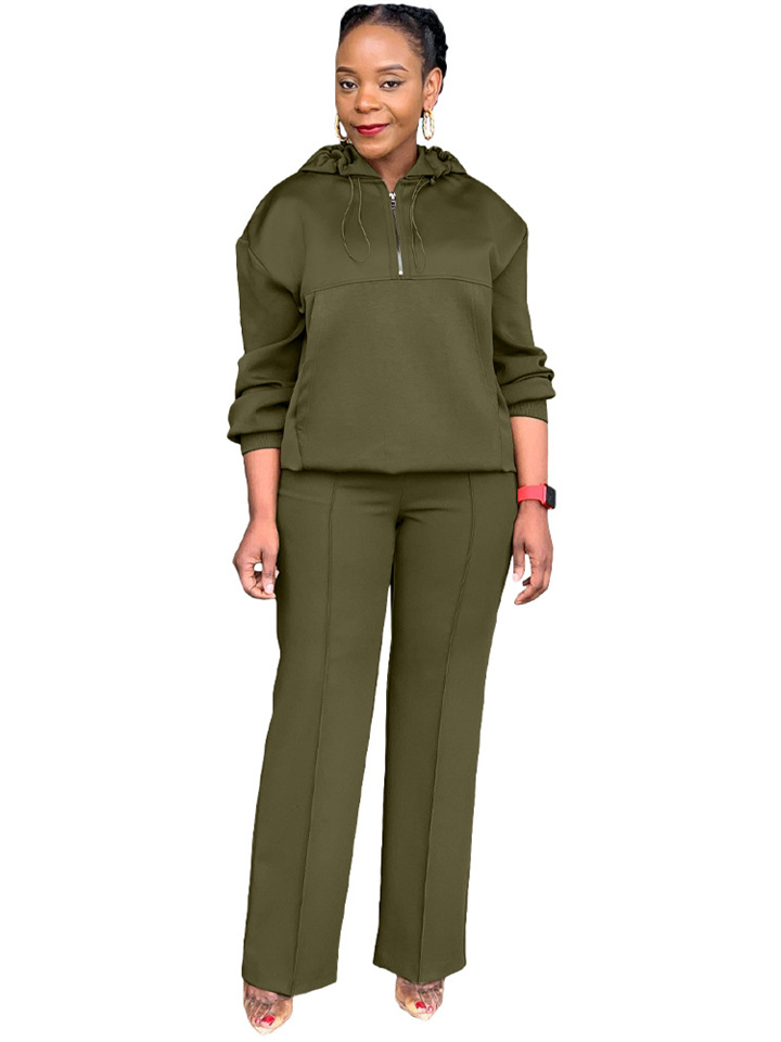 Women's Casual Solid Color Loose Pocket Hooded Drawstring Half Zipper Sweatshirt Straight Pants Vertical Set
