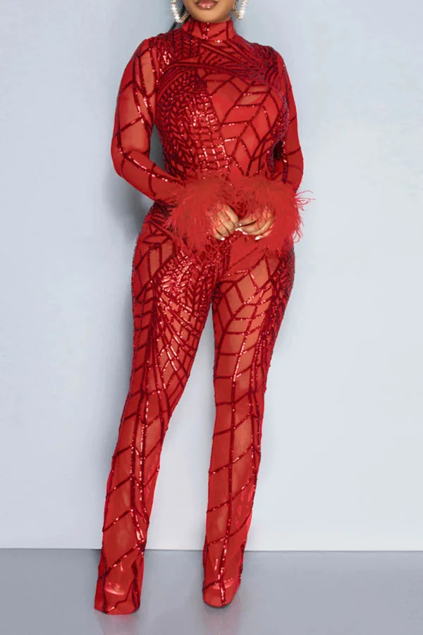 Patchwork Sequined Glistening See-Through Jumpsuit
