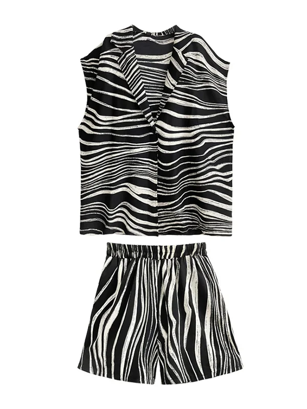 Roomy Stamped Zebra-Stripe Sleeveless Lapel Shirts + Shorts Two Pieces Set