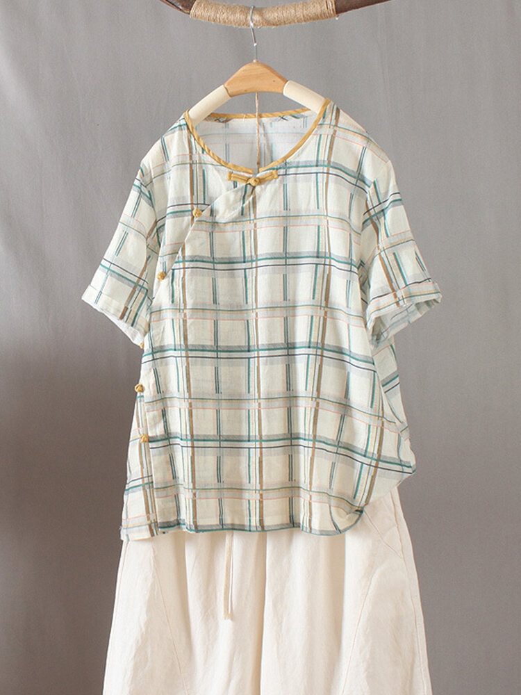 Plaid Frog Button O neck Short Sleeve T shirt P1724658