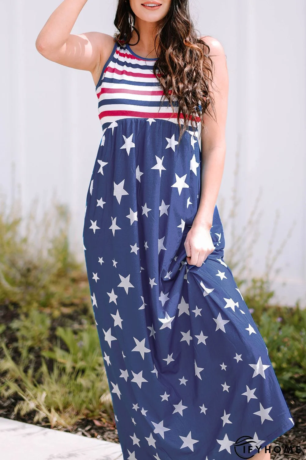 Blue Stripes and Stars Sleeveless Maxi Dress with Pockets | IFYHOME