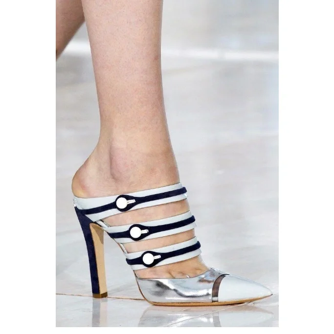 Navy and Silver Custom Stiletto Heel Mules Vdcoo