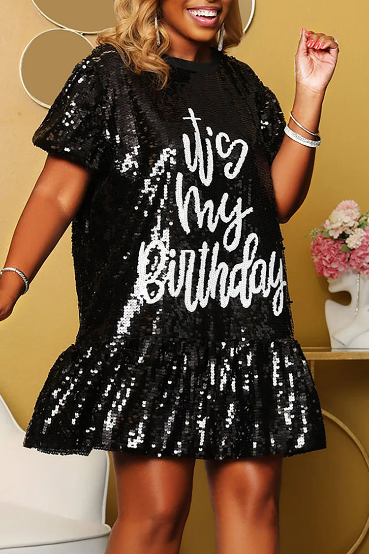 Xpluswear Plus Size Black Birthday Round-neck Short Sleeve Sequin Mini Dresses
