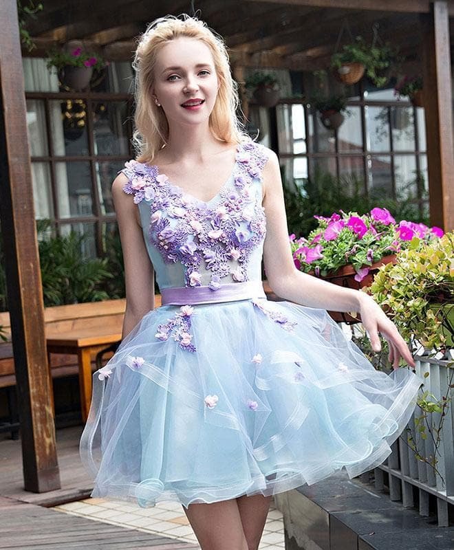 Stylish V Neck Lace Tulle Short Prom Dress, Evening Dress