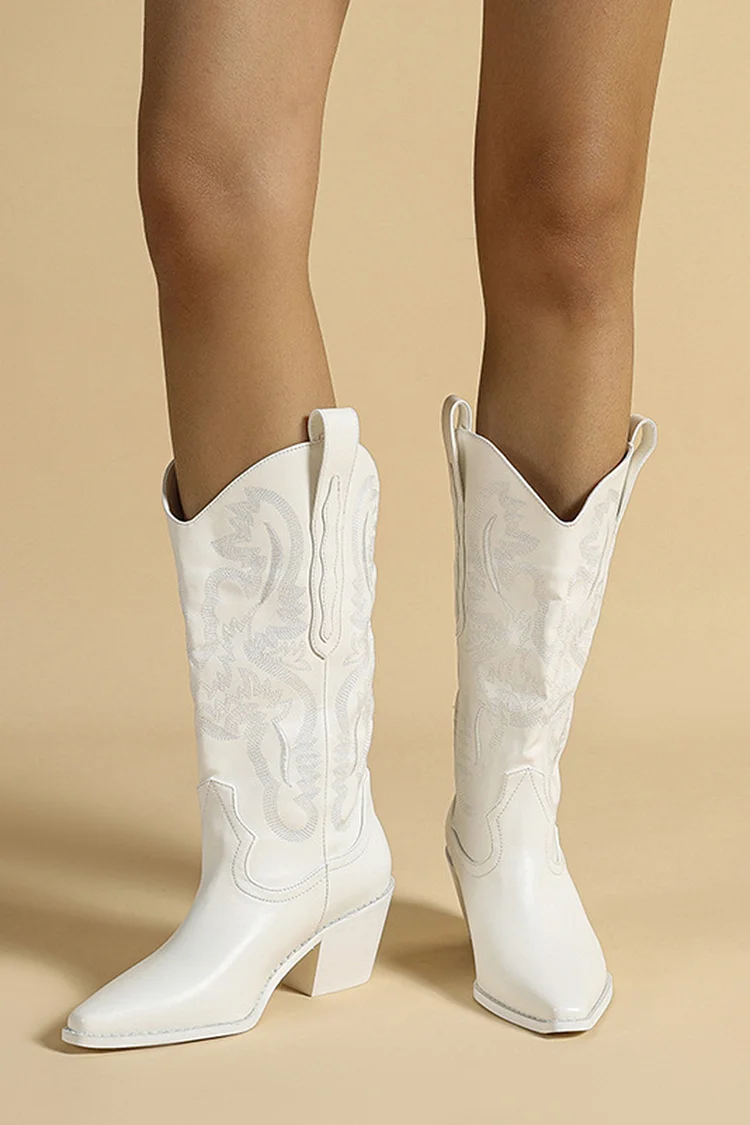 White Pointy Toe Quilted Pattern PU Leather Boots