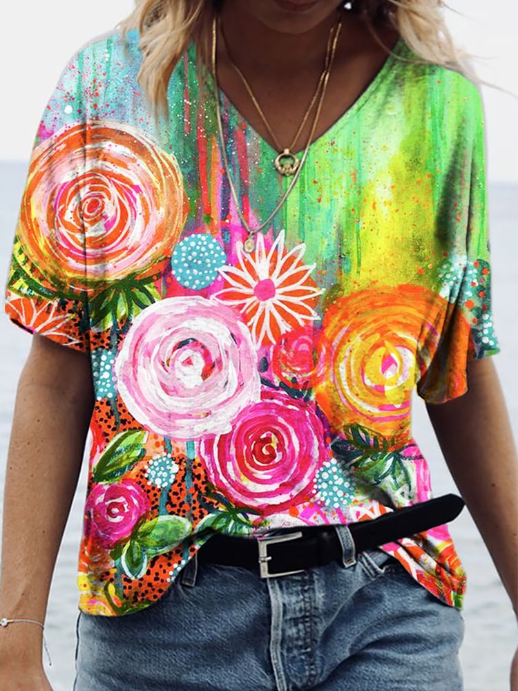 Comstylish Blooming Flower Art V Neck T Shirt