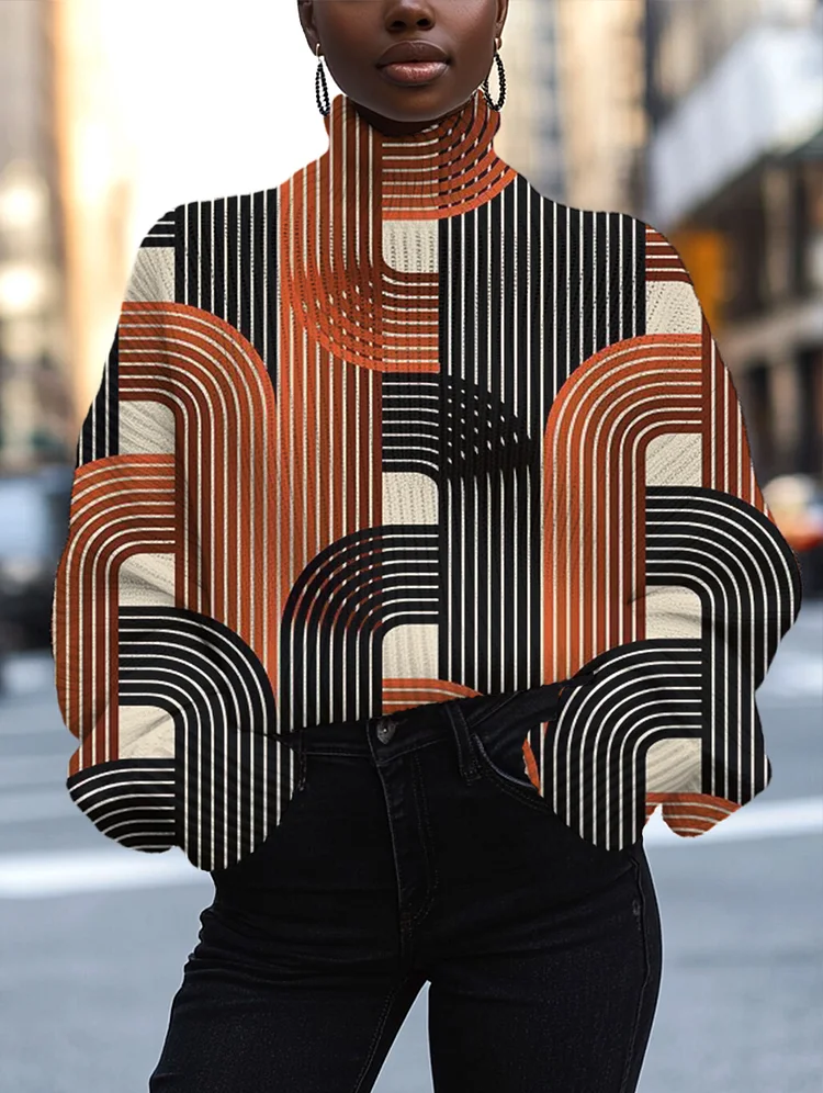 Women's Modern Art Line Print High Neck Knit Sweatshirt