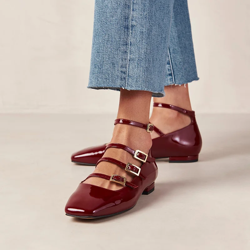 Burgundy Patent Leather Square Toe Buckled Ankle Strap Mary Jane Flats Nicepairs