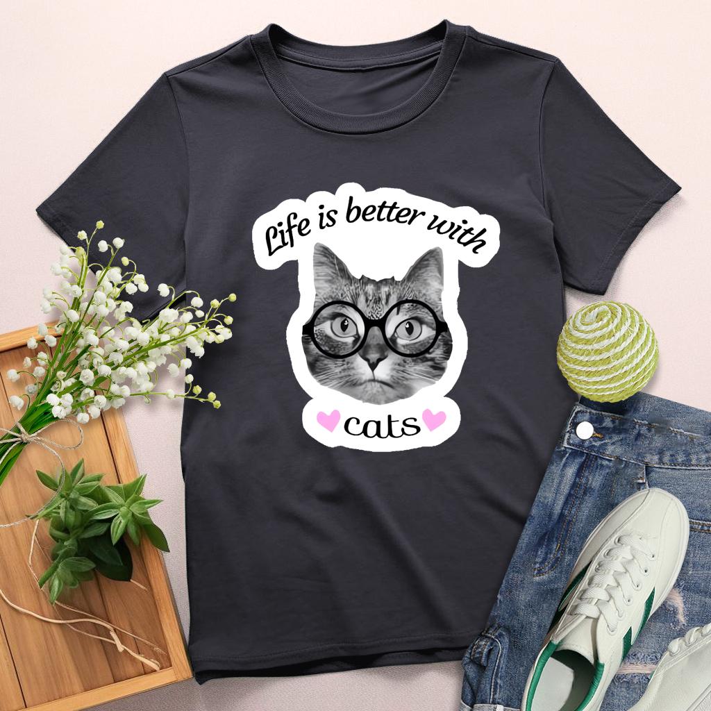 Life is better with cats Round Neck T-shirt-0025210-Guru-buzz