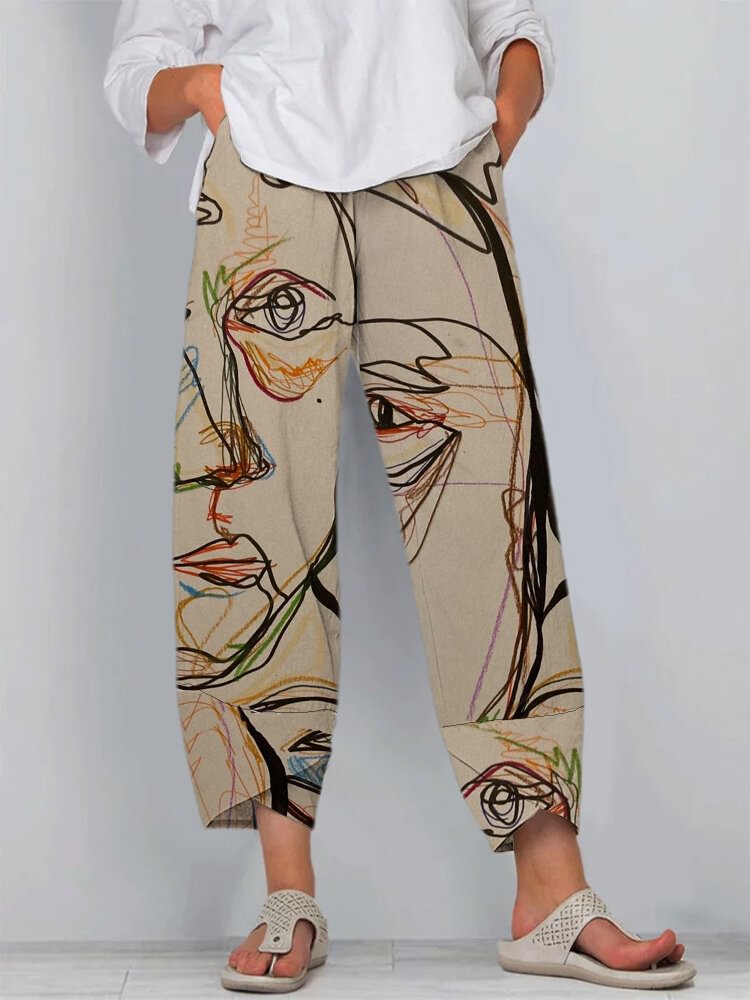 Art Illustration Vintage Print Slit Hem Casual Pants With Pocket