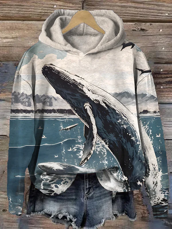 Women's Retro Breaching Whale Wave Art Printed Cozy Hoodie