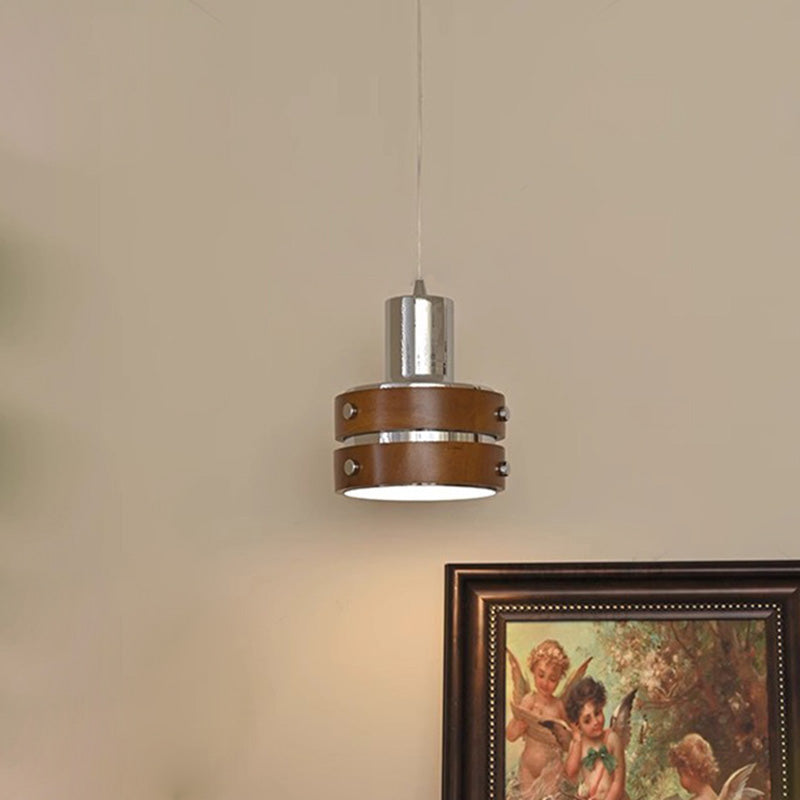 Traditional Vintage Cylinder Iron Wooden 1-Light Pendant Light For Bedroom