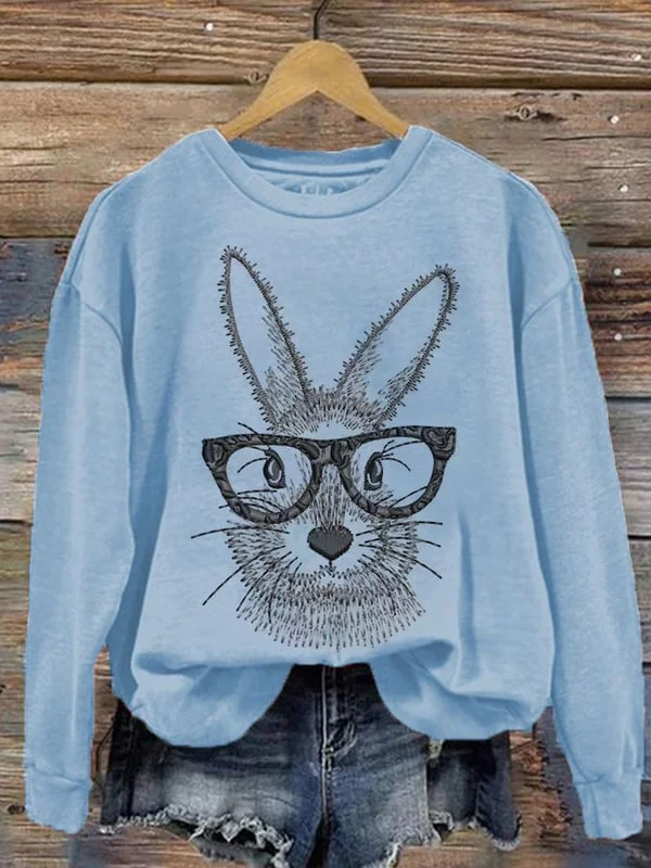 Women's Easter Glasses Funny Bunny Print Sweatshirt