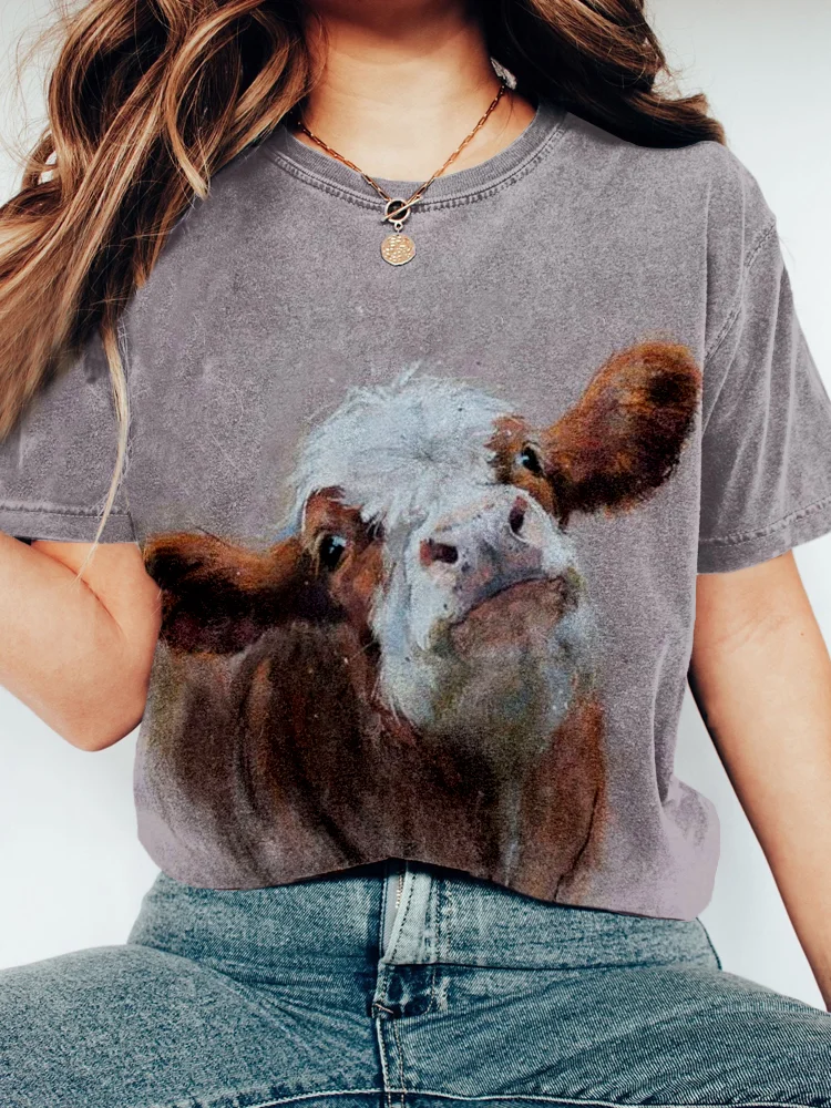 Comstylish Lovely Cow Pattern Crew Neck Vintage Washed T Shirt