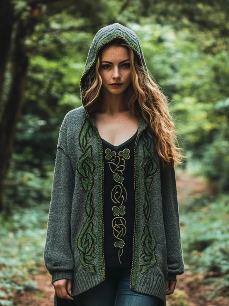 Irish Floral Embroidery Women's Hooded Cardigan