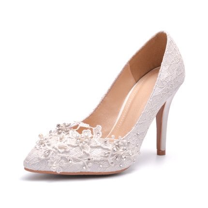 Women's White Lace Bridal Heels Rhinestone Stiletto Heel Pumps |FSJ Shoes