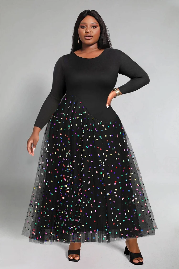 Plus Size Semi Formal Maxi Dresses Elegant Black Fall Winter Crew Neck Long Sleeve Sequin Knitted Maxi Dresses [Pre-Order]