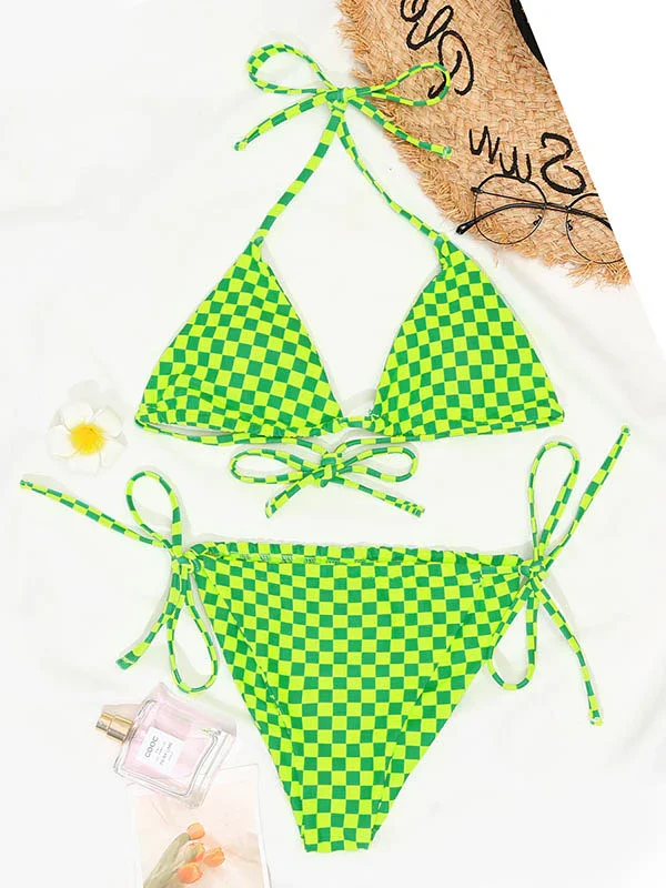 Grid Lace-Up Triangles Split Bikini Swimsuit
