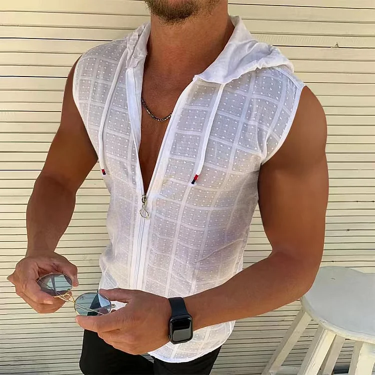 Men's Casual Hooded Zipper Drawstring Sleeveless T-shirts