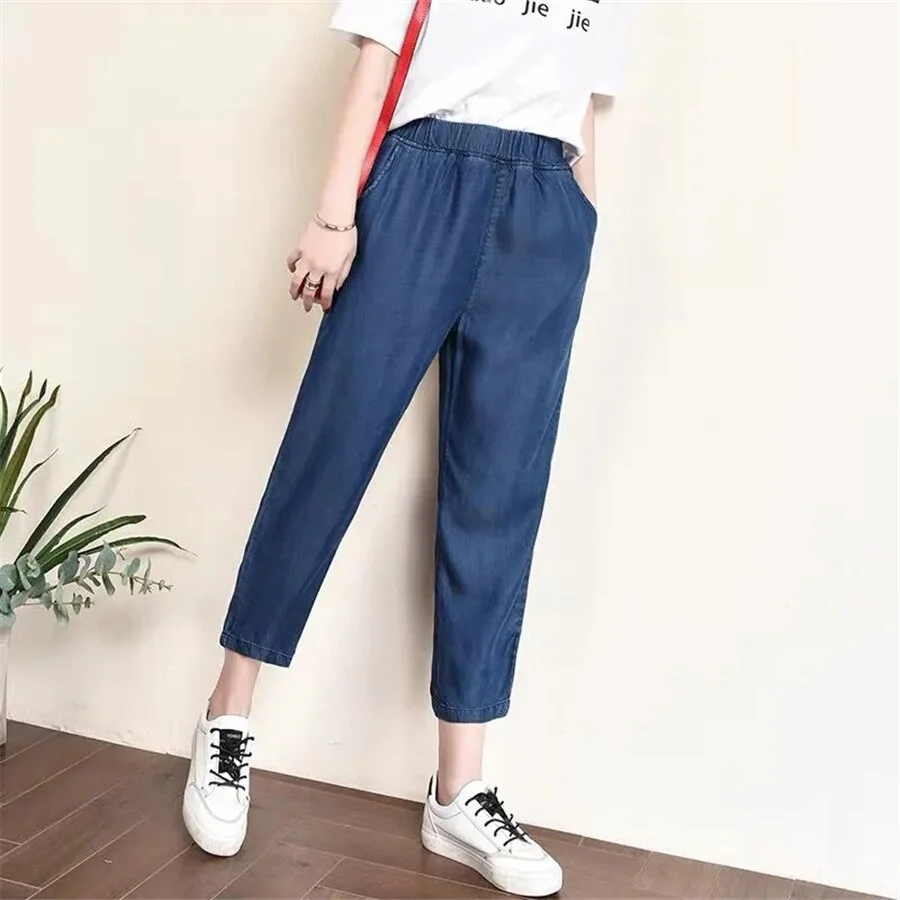 Thin Classic Oversize 8XL Baggy Jeans Elastic High Waist Wide Leg Denim Pants Women Capris Casual Harem Vaqueros Korean Pantalon