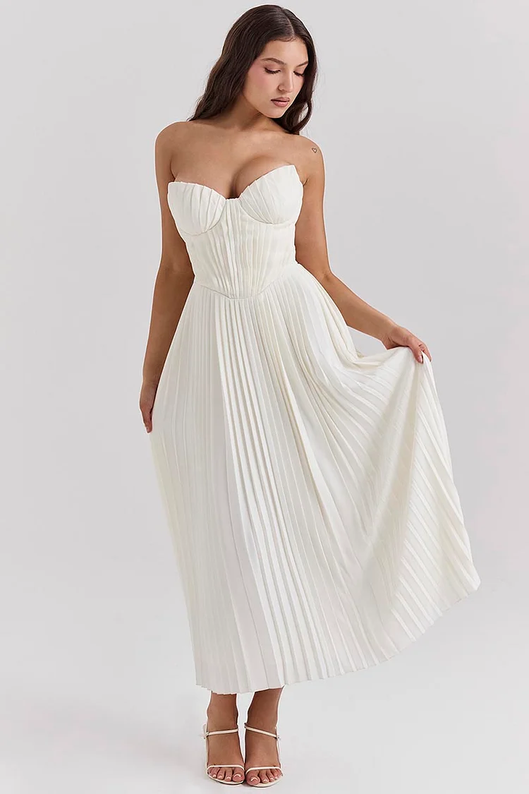 Strapless Corset Pleated Elegant Party Gown Midi Dresses-White