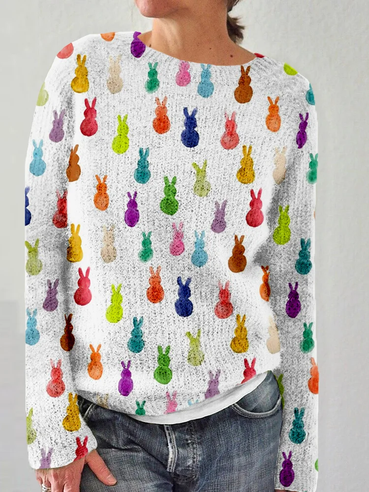 VChics Rainbow Easter Bunnies Watercolor Art Cozy Sweater
