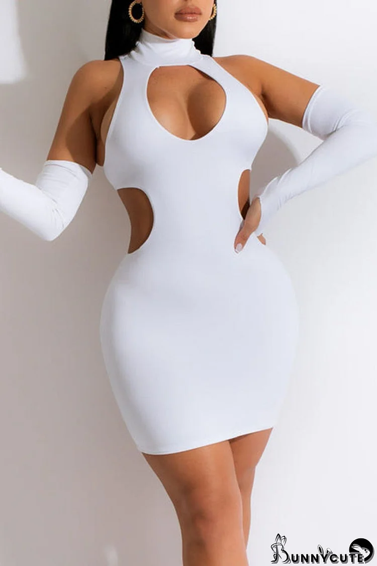 White Sexy Solid Hollowed Out Patchwork Backless Turtleneck One Step Skirt Dresses