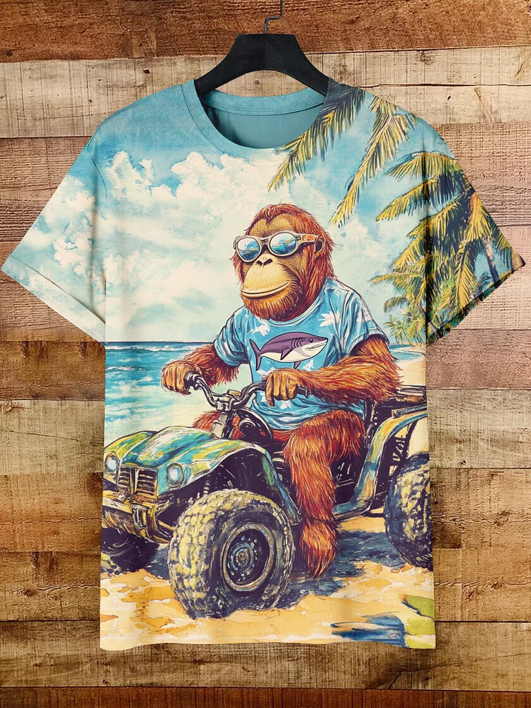 Men's Orangutan Driving An Off-road Vehicle On The Beach Print Short Sleeve T-shirt