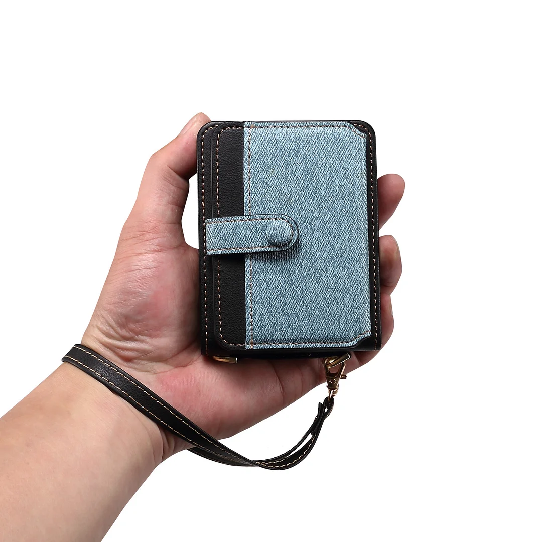 Denim Leather Crossbody Phone Case With 5 Cards Slot,Detachable Wristband Lanyard And Hinge For Galaxy Z Flip3/Z Flip4/Z Flip5