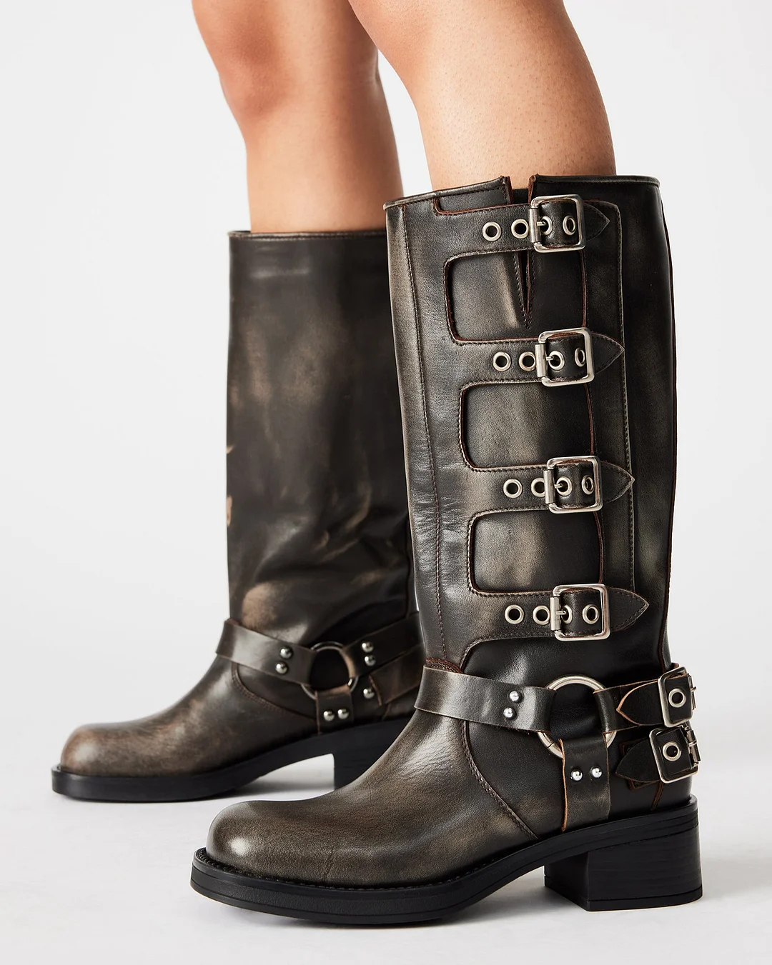 Black Distressed Round Toe Buckle Strap Women's Motorcycle Boots Nicepairs