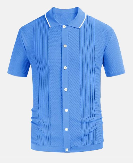 Basic Polo Neck Striped Decor Spliced Short Sleeve Knit Shirt