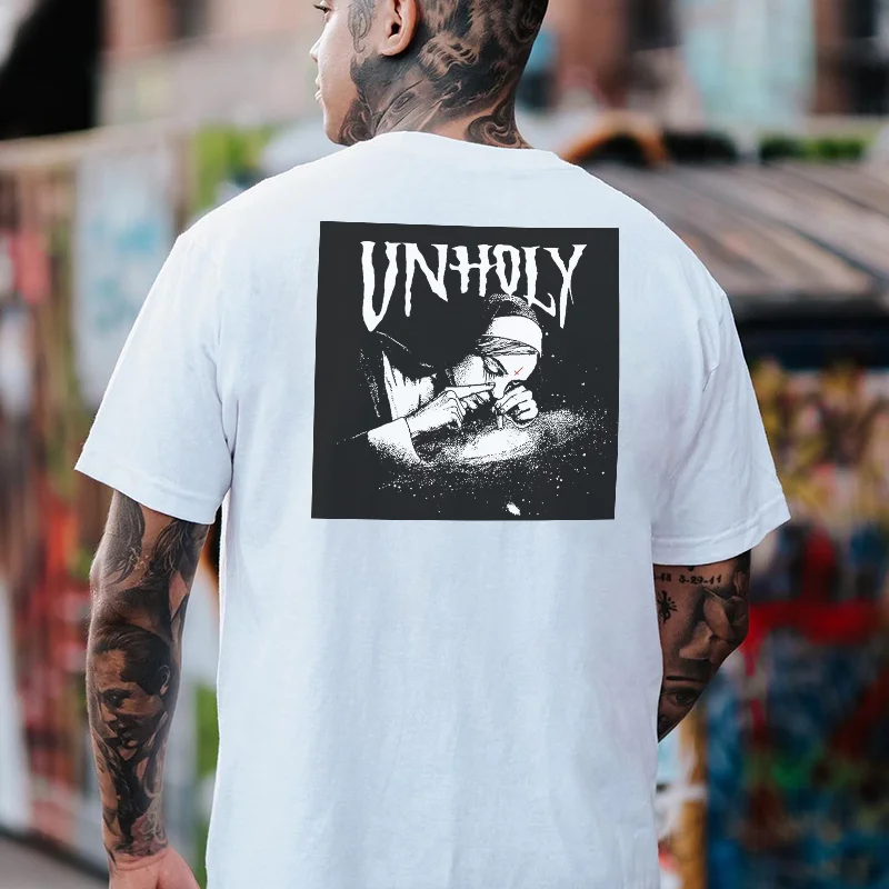 UNHOLY Nun Smoking Dark Style Black Print T-shirt