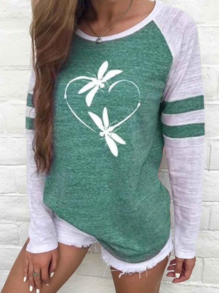 Dragonfly Heart Print Patchwork T Shirt