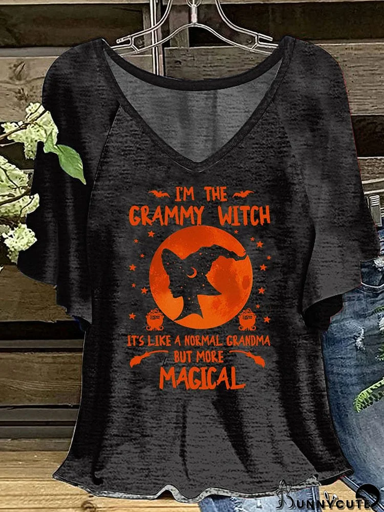 Women's I'm the Grammy Witch Print V-Neck Ruffle Sleeve T-Shirt