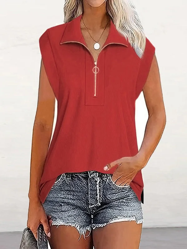 Women's Casual Zipper Sleeveless V-neck Button Down Shirt
