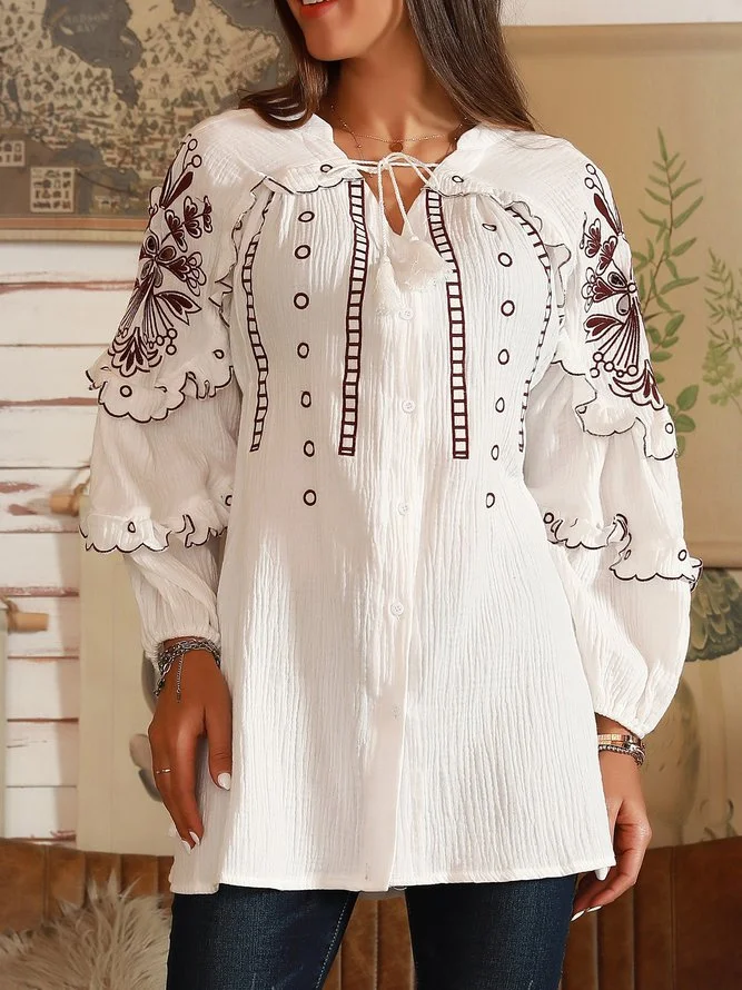 Off White Cotton Casual Embroidered Shirts & Tops Zaesvini