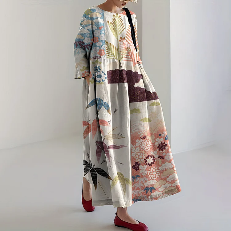 Comstylish Women Japanese Art Flower Splicing Linen Blend Maxi Dress