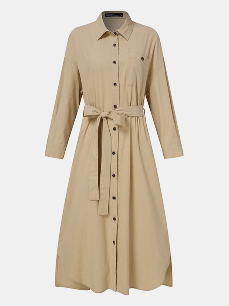 Women Solid Color Lapel Collar Knotted Button Long Sleeve Blouse P1789404