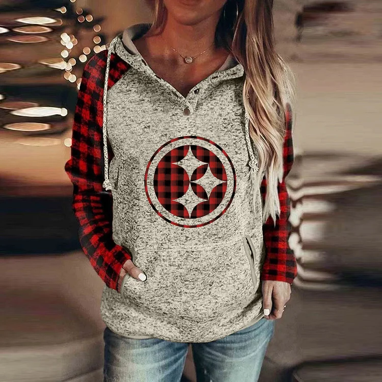 Plaid stitching print casual long-sleeved hooded pullover