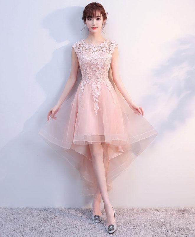 Pink Tulle Lace High Low Prom Dress, Pink Homecoming Dress