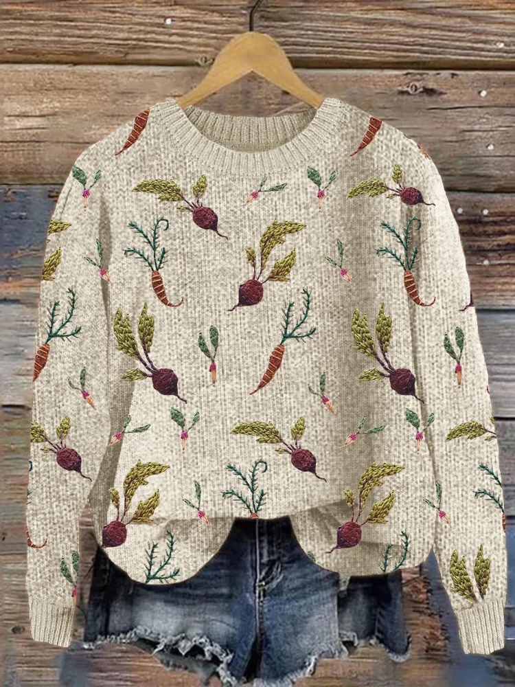 VChics Radish & Carrot Embroidery Pattern Cozy Knit Sweater