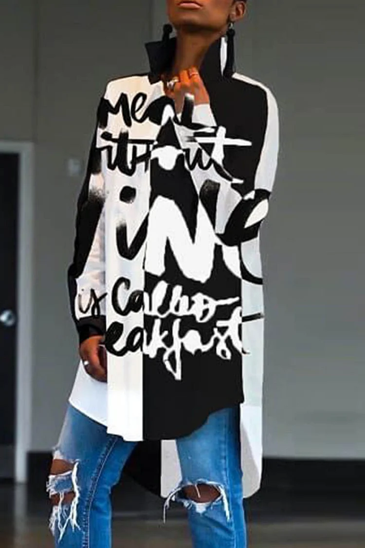 Multicolor Fashion Casual Print Asymmetrical Turndown Collar Shirt Tops