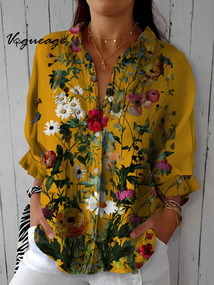 Gorgeous Bright And Vivid Flowers Printed Cotton And Linen Shirt