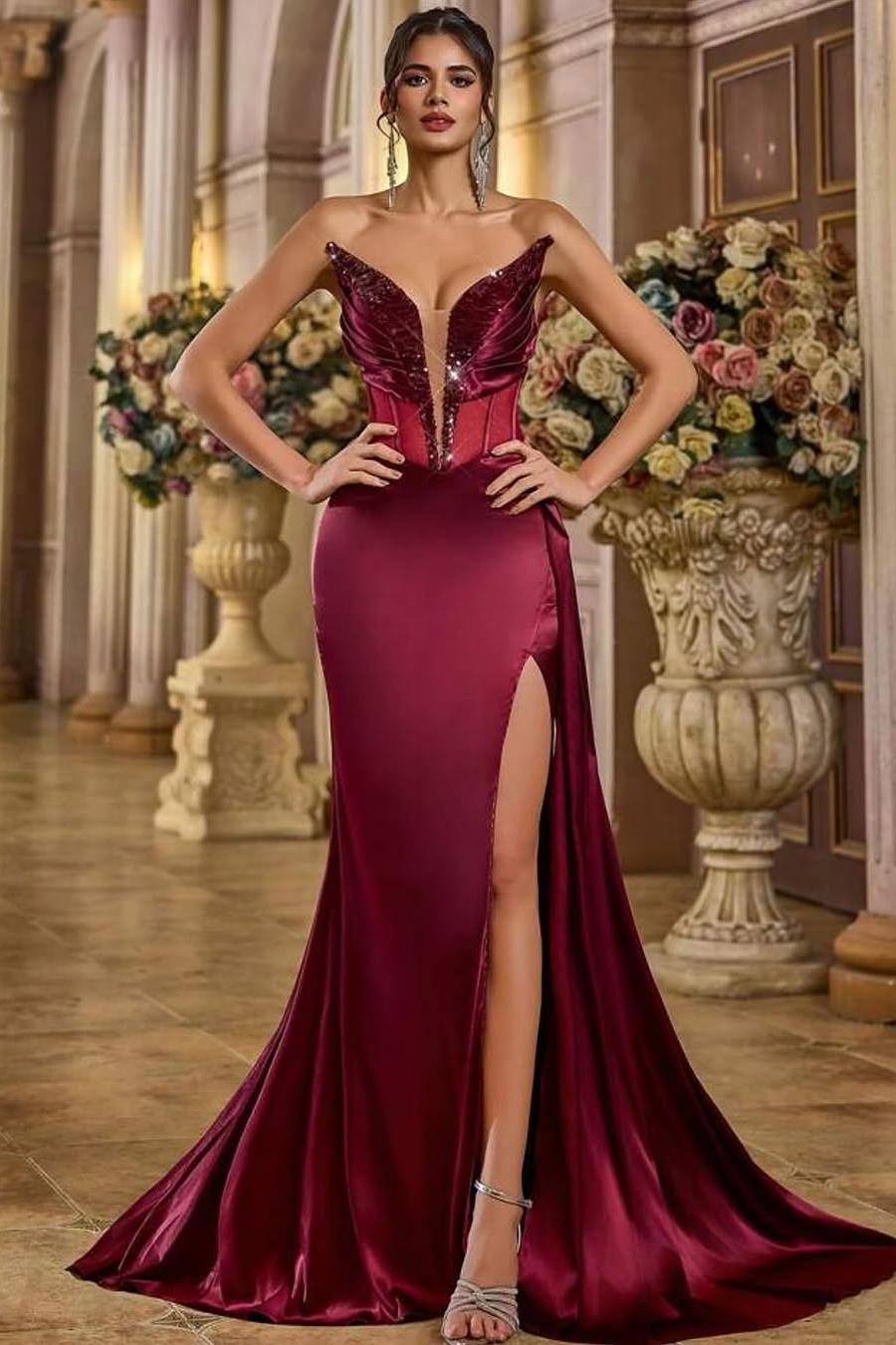 Lussooy Mulberry Amazing Satin Sleeveless Strapless Split Mermaid Prom Dress with Sequins